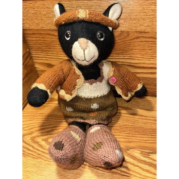 RARE Tara 100% Wool Handmade Knit Plush Little Miss Kitten W/ Outfit Grannycore
